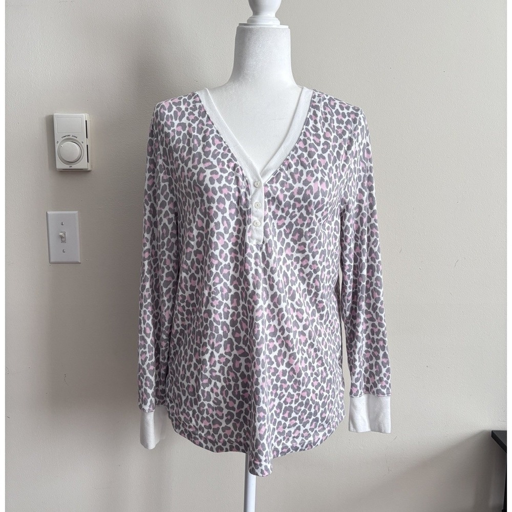 Kate Spade Womens Medium Cheetah Print Pajama Top Gray Pink Casual Comfort Cozy